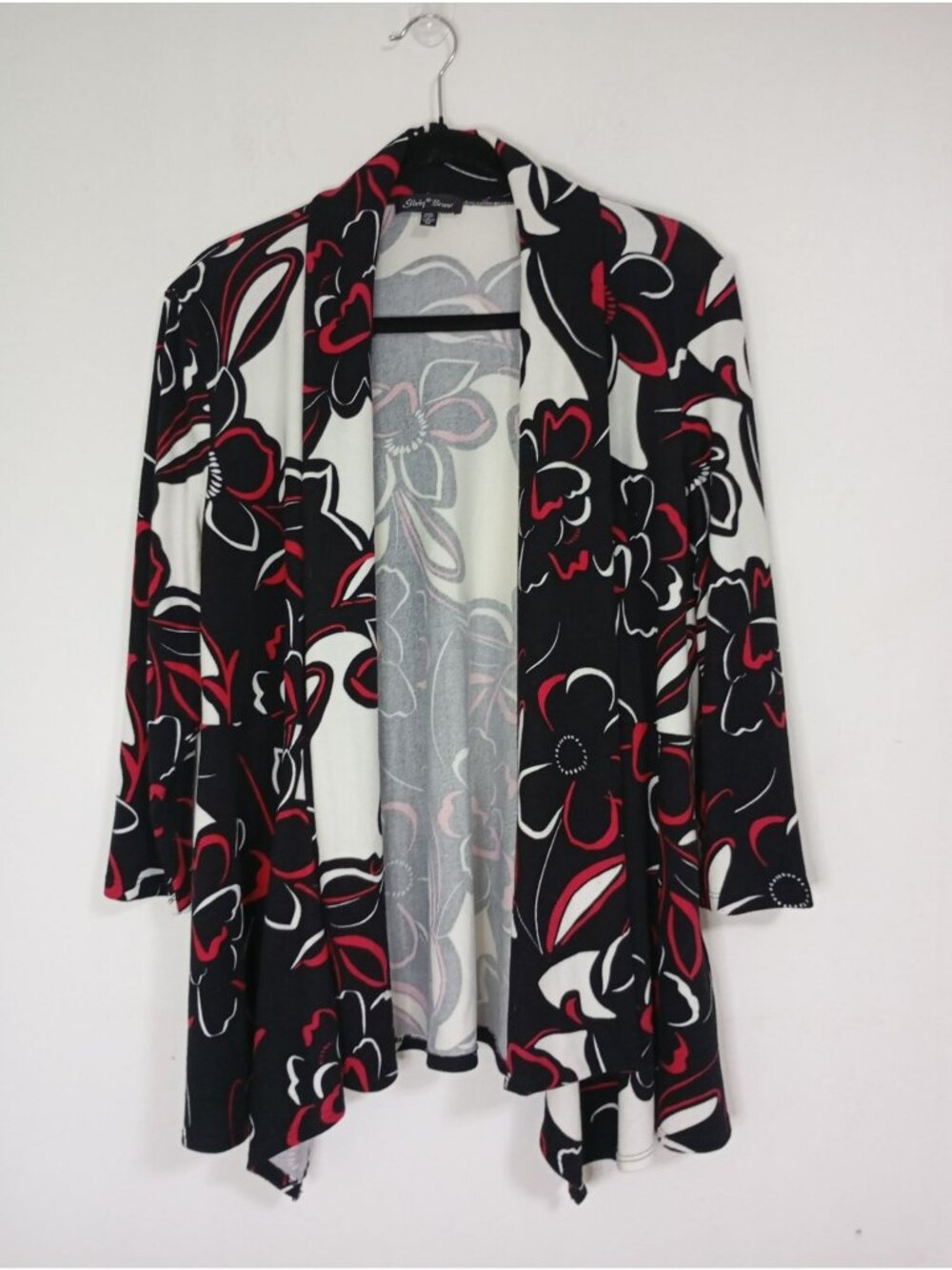 Slinky Brand Cardigans Open Front Floral Black White & Red Print Womens Size M